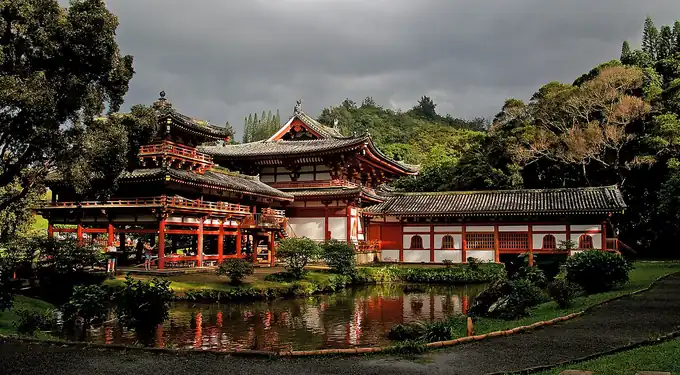 Byodo-In temple on the windward side, with the green Koolau mountains rising behind it