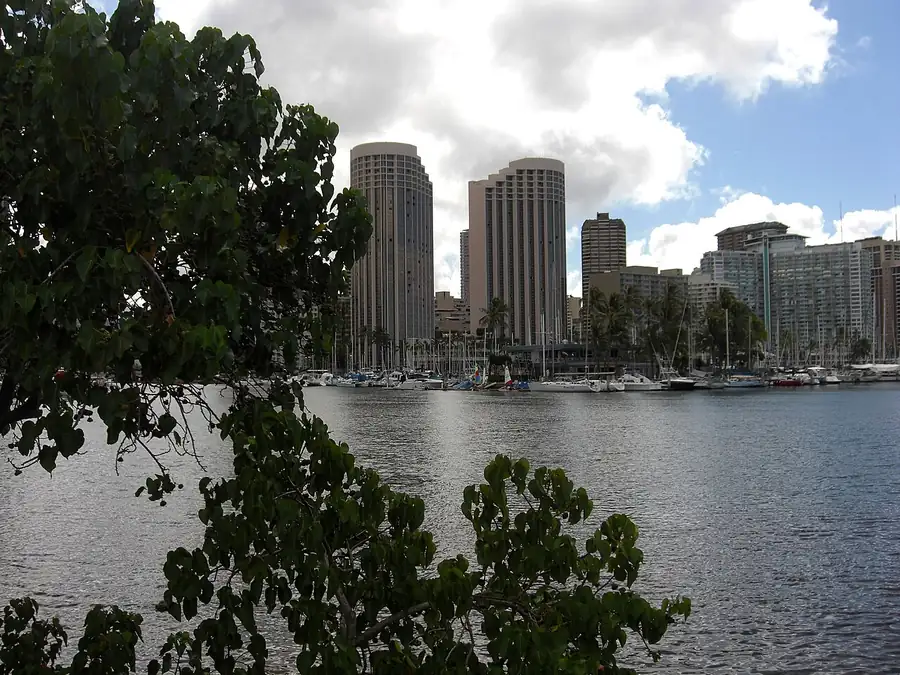 Waikiki high-rise towers seen across the water from the yacht harbor